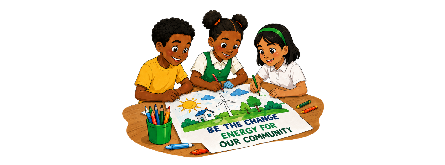 Primary school students drawing a renewable energy poster